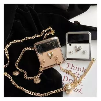 Гальванический чехол для телефона из искусственной кожи с сердечком любви для Samsung Galaxy Z Flip 4 3, защитный чехол на петлях, регулируемый ремешок через плечо For Samsung Z Flip 3