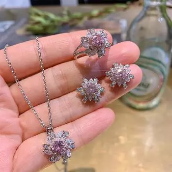 Гальваническое разделение розовое бриллиантовое кольцо, цветочное кольцо, ожерелье, серьги, комплект свадебных украшений