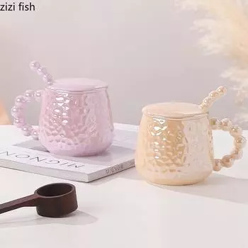 Гальванизированная керамическая чашка для воды с крышкой Ложка Кофейные чашки Чашка для чая с молоком Кружка для молока Чашки для послеобеденного чая Кофейная кружка Чайные кружки Подарочные 430ml розовый