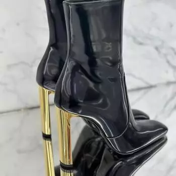 Гальванизированный металл и лакированная зеркальная кожа с острым носком короткие сапоги простые боковые молнии из коровьей кожи супер высокие и универсальные модные сапоги 34