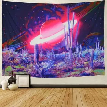 Галактический гобелен, Психоделический гобелен с планетами, Психоделический гобелен с кактусом, Таинственный космический гобелен, Волшебная звезда 95*73