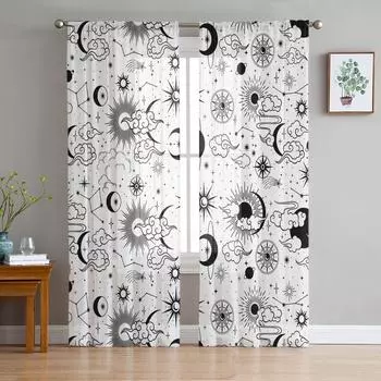 Галактика Луна Солнце Простая Планета Небо Прозрачные Шторы Гостиная Окно Тюлевые Шторы Спальня Вуаль Шторы Декор Роскошные Портьеры 1 PCS W100XH250cm