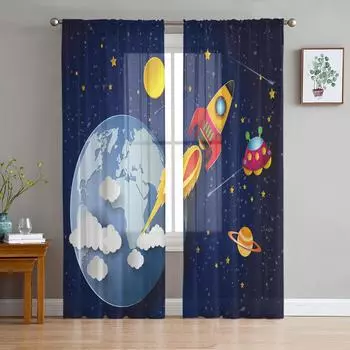 Galaxy Cartoon Rocket Universe Sheer Curtains for Living Room Decoration Window Curtains Kitchen Tulle Voile Organza Curtains W135 x H115cm x1