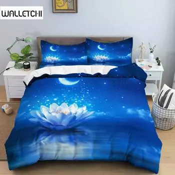 Galaxy Lotus King Size Полный пододеяльник для двоих с синим цветком и луной Комплект постельного белья для подростков и взрослых, бохо-цветочный комплект из 2/3 предметов, пододеяльник EU single(135x200cm)