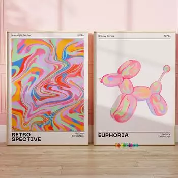 Галерея Настенный художественный набор из 2 принтов Ретро Абстрактная Аура Плакат с градиентом 70-х годов Эстетический винтажный холст Картины Домашняя комната Безрамное 21x30cm No Framed