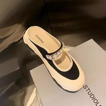 Галерея Обувь для девочек из парусины Женские туфли со стразами и липучками, с круглой головкой, неглубокие, полуперетягивающиеся, повседневные туфли на платформе 38