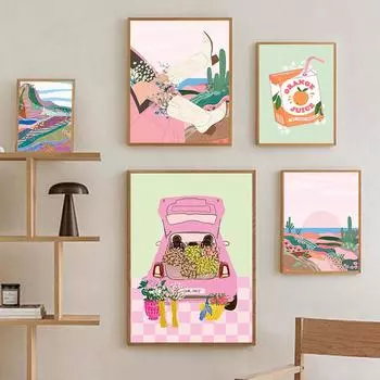 Галерея Стена Смелый Веселый Напиток Цветы Розовый Арт Постер Девушка-ковбой Бохо Радуга Абстрактная Стена Холст Картина Печать Комната Домашний Декор 21x30cm No Framed