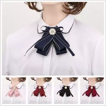 Галстук-бабочка из ткани, брошь в виде шейного платка с кристаллами и жемчугом, булавки для воротника рубашки в студенческом стиле для женщин, модные броши, ювелирные аксессуары красный