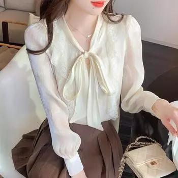 Галстук-бабочка Кружевной дизайн Элегантная рубашка Женские топы Новая мода Тонкие кружевные Повседневные блузки с рюшами Женские простые офисные рубашки с длинным рукавом Женские 24452 S абрикосовый