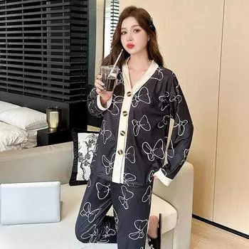 Галстук-бабочка с черным принтом и V-образным вырезом, большие размеры, женская пижама, корейская мода, милая домашняя одежда, комплекты, брюки с длинными рукавами, повседневная одежда для сна XXXL