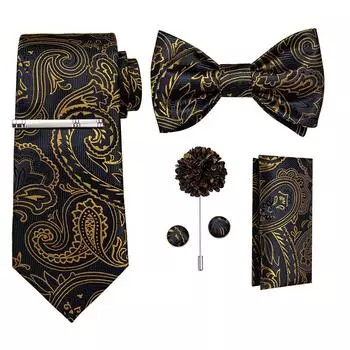 Галстук для мужчин, черный, золотой, комплект галстуков с узором пейсли, 10 шт., галстук-бабочка, платок, запонки, бутоньерка, зажим для галстука для джентльмена