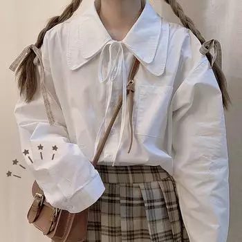 Галстук двухслойный лацкан рубашка с галстуком женская однотонная свободная повседневная базовая рубашка с длинным рукавом XS белый