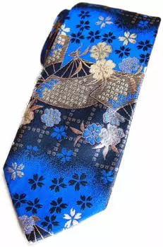 Галстук с японским узором высшего качества, золотая парча, ручная работа в Японии, плетение Нисидзин (сине-черный веер)
