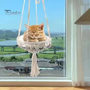 Гамак для кошек, сотканный вручную из хлопковой веревки, качели для домашних животных, кровать тонкой работы, подвесная кровать для кошек, корзина для домашних животных бежевый