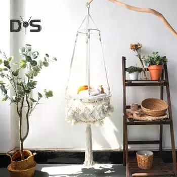 Гамак для кошек, тканая вручную подвесная кровать для кошек, качели в стиле кисточек, плетеная прочная веревочная кровать для кошек для сна, игр, скалолазания бежевый