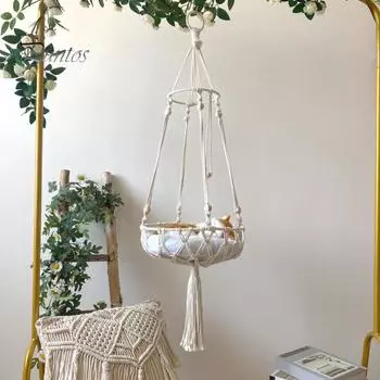 Гамак для кошек, тканая вручную подвесная кровать для кошек, качели в стиле кисточек, плетеная прочная веревочная кровать для кошек для сна, игр, скалолазания бежевый