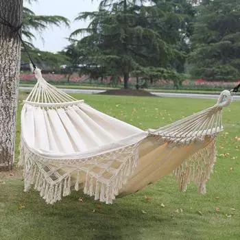 Гамак для одного человека Роскошный гамак с кисточками в стиле бохо Белый холст Гамак Открытый Кемпинг Путешествия Пешие прогулки Качели Гамаки Сад Подвесной гамак Сетка Стул 200cmx150cm