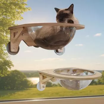 Гамак для окна Moe Rakuen Cat Spaceship, набор с присоской, тип Cat, без сверления, грузоподъемность, текстура древесины, требуется двухсекционная ступенька/подиум, 10 кг,
