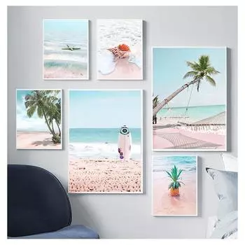 Гамак плакаты на скандинавскую тему и принты, настенная живопись на холсте, настенные картины для декора гостиной, розовое море, пляж, ракушка, ананас 21cm30cm NoFrame