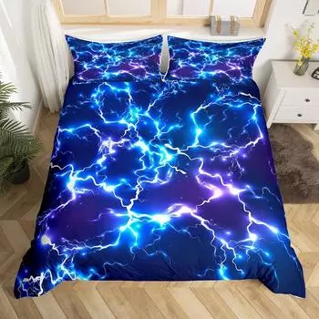 Game Flash Duvet Cover Full,Neon Blue Lightning Strike Bedding Set 3pcs,Fashion Shiny Comforter Cover Gaming Cool Quilt Cover 155x215cm 3pcs