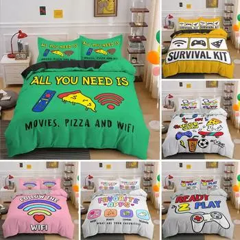 Game Pizza King Queen Duvet Cover Cartoon Gamepad Skateboard Bedding Set Youth Cool Headphone Wifi Polyester Quilt Cover 70x133cm 2pcs