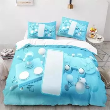 Gamepad Duvet Cover Set Blue Background White Button Rocker Boys Playroom King Queen Size Polyester Comforter Cover for Kid Boy 70x133cm 2pcs