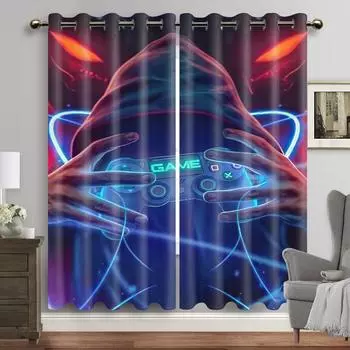 Gamer Curtains for Boys Bedroom Gaming Room Decor Window Curtains Playing Video Game Window Drapes 2 Pieces Grommet Top Hook 2x50W130H(CM)&Grommet Top