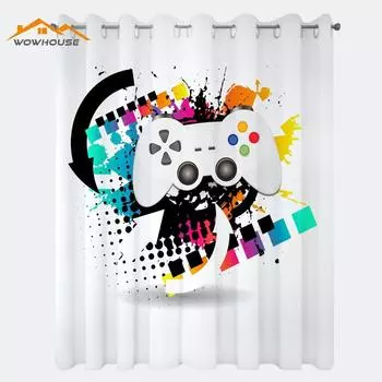 Gamer Curtains Modern Console Game Controller with Halftone Motif and Color Splashes Background Living Room Bedroom Window Drape 1Pcs W135 x H60 cm&Gromment (Ring) Top