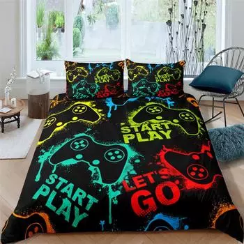 Gamer Duvet Cover Set Queen King Full Size for Kids Boys Girls Bedding Set Gamepad Pattern Quilt Cover Polyester Comforter Cover EU single(135x200cm)