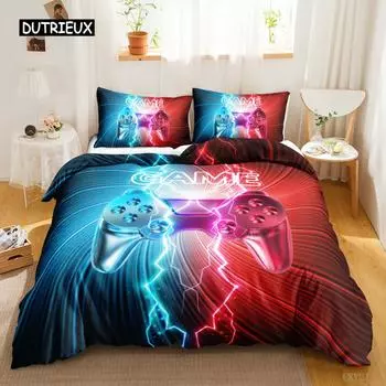 Games Duvet Cover Set Gradient Gaming Comforter Cover for Kids Teen Gamepad Bedspread Cover Neon Games Polyester Qulit Cover US Queen(228x228cm)