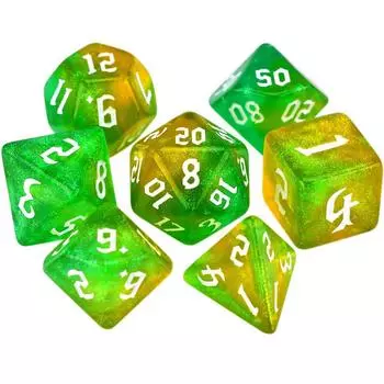 Games Game Dice Carved Pattern Dice Set Two-tone Dice Set Iridescent Glitter Polyhedral Dice 7-Die yellow-green