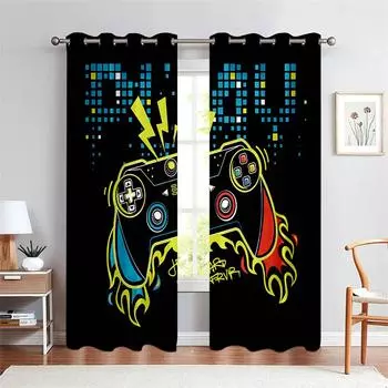 Gaming Controller Neon Curtains Cool Gamer Window Drapes 2 Panels Boys Room Teen Bedroom Home Decor 50W60H(CM)X2PCS&Grommet Top