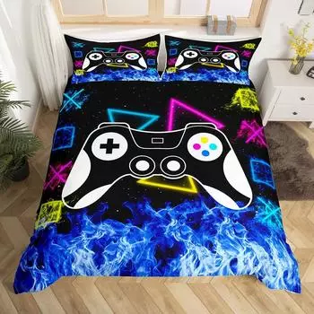 Gaming Duvet Cover Blue Fire Gamer Bedding Set Gamepad Comforter Cover Microfiber Game Controller Bedspread Cover for Boys Girls 70x133cm 2pcs