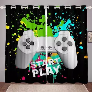 Gaming Thermal Insulated Window Drapes Teal Marble Gamepad Room Darkening Curtain for Kids Boys Girls Gamer Curtains for Bedroom (W50H130cm)-2pcs&Hook