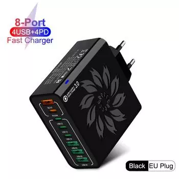 GaN Быстрая Зарядка 8USB Type C Зарядное Устройство EU KR PD 3.0 Быстрая Зарядка Настенное Для Телефона Адаптер Для iPhone 16 15 Xiaomi Samsung EU Plug Black