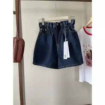 Gan Spring and Summer Elastic Waist Casual Denim Shorts Bud Dark blue M