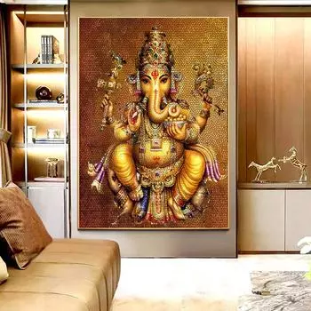Ганапати Ганеш Золотой драгоценный камень Холст Картина Suninow Ганеша Религиозные золотые настенные картины Плакат Поклонение индуистскому Богу Богиня Божество для Пуджи Домашний декор 20x30cm No Frame белый