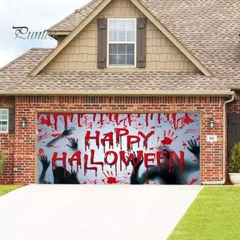 Гаражные ворота Гобелен в стиле Хэллоуина Ведьма Дом с привидениями Тыква Летучая мышь Кровавые пятна Отпечатки рук Печать Создайте жуткую атмосферу Декорация для вечеринки 480x210cm