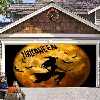 Гаражные ворота Гобелен в стиле Хэллоуина Ведьма Дом с привидениями Тыква Летучая мышь Кровавые пятна Отпечатки рук Печать Создайте жуткую атмосферу Декорация для вечеринки 480x210cm