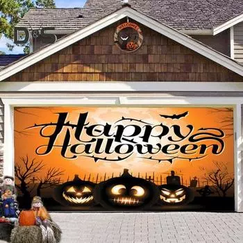 Гаражные ворота Гобелен в стиле Хэллоуина Ведьма Дом с привидениями Тыква Летучая мышь Печать Создайте жуткую атмосферу Фон для вечеринки Украшение Подвесное одеяло 480x210cm