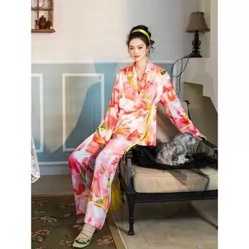Garden Pajamas Long-sleeved Trousers Suit Imitation Silk Ice Silk Loose Lazy Green Fruit Collar Home Clothes Chunxin S