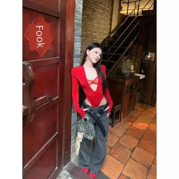 Garis Fashion Комбинезон женский красный с длинным рукавом 2025 Новый Сексуальный Сексуальный Облегающий Кружевной V-образный вырез Футболка Топы Red Lace V Neck jumpsuit M