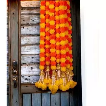 Garland Long Genda Phool for Door Decoration Toran Wedding Ganesh Chaturthi Festivals Diwali with Bells and Rajnignadha (Y+O Mix 5Ft. / 5 Strings)