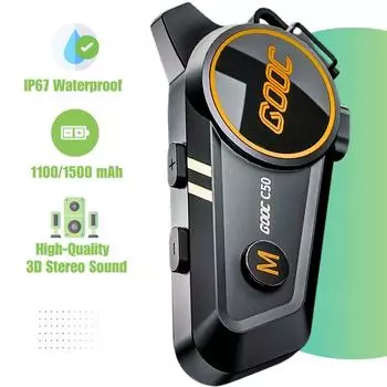 Гарнитура Bluetooth для мотоциклетного шлема GOOC, водонепроницаемый интерком IP67 с шумоподавлением, аккумулятор 1500 мАч, 3D стереозвук C50H,No Intercom,1100mAh чёрный