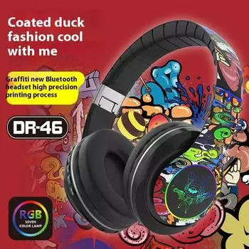 Гарнитура Bluetooth с креплением на голову DR46, длительное время работы от аккумулятора, креативная беспроводная гарнитура с граффити для звонков с микрофоном Battle Bear чёрный