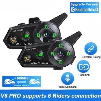 Гарнитура для мотоциклетного шлема D2-6X Bluetooth 5.3 Intercom, радиус действия 1000 м, для 6 водителей, водонепроницаемая, совместный доступ к музыке, двухъядерный процессор 1-Pack
