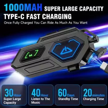 Гарнитура для мотоциклетного шлема Pro X600 Bluetooth 5.3 - светодиодная подсветка, шумоподавление ENC, система внутренней связи на расстоянии до 600 м 1-Pack чёрный