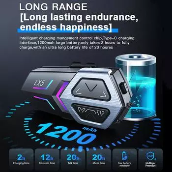 Гарнитура для шлема мотоцикла 2000M Mesh Intercom 10 Riders Intercom Hands-Free Calling Bluetooth 5.3 Ip67 Водонепроницаемый 1200 мАч