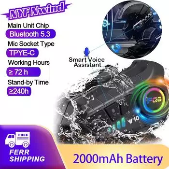 Гарнитура для шлема мотоцикла Y10, стерео, голосовое управление, Bluetooth, свободные руки, IPX7, водонепроницаемая, 2000 мАч, с подсветкой