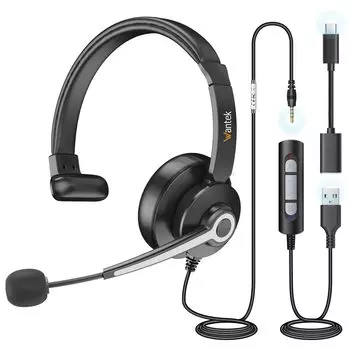 Гарнитура Wantek с одним ухом и шумоподавлением, микрофоном, проводная гарнитура, подходящая для веб-голосовой связи, удаленной работы на дому, профессиональных деловых ПК-наушников